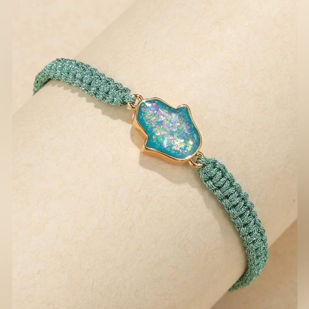“Opal Hamsa” Aqua Shimmer Glimmer Hand Pray Protection Knot Braid Cinch Bracelet